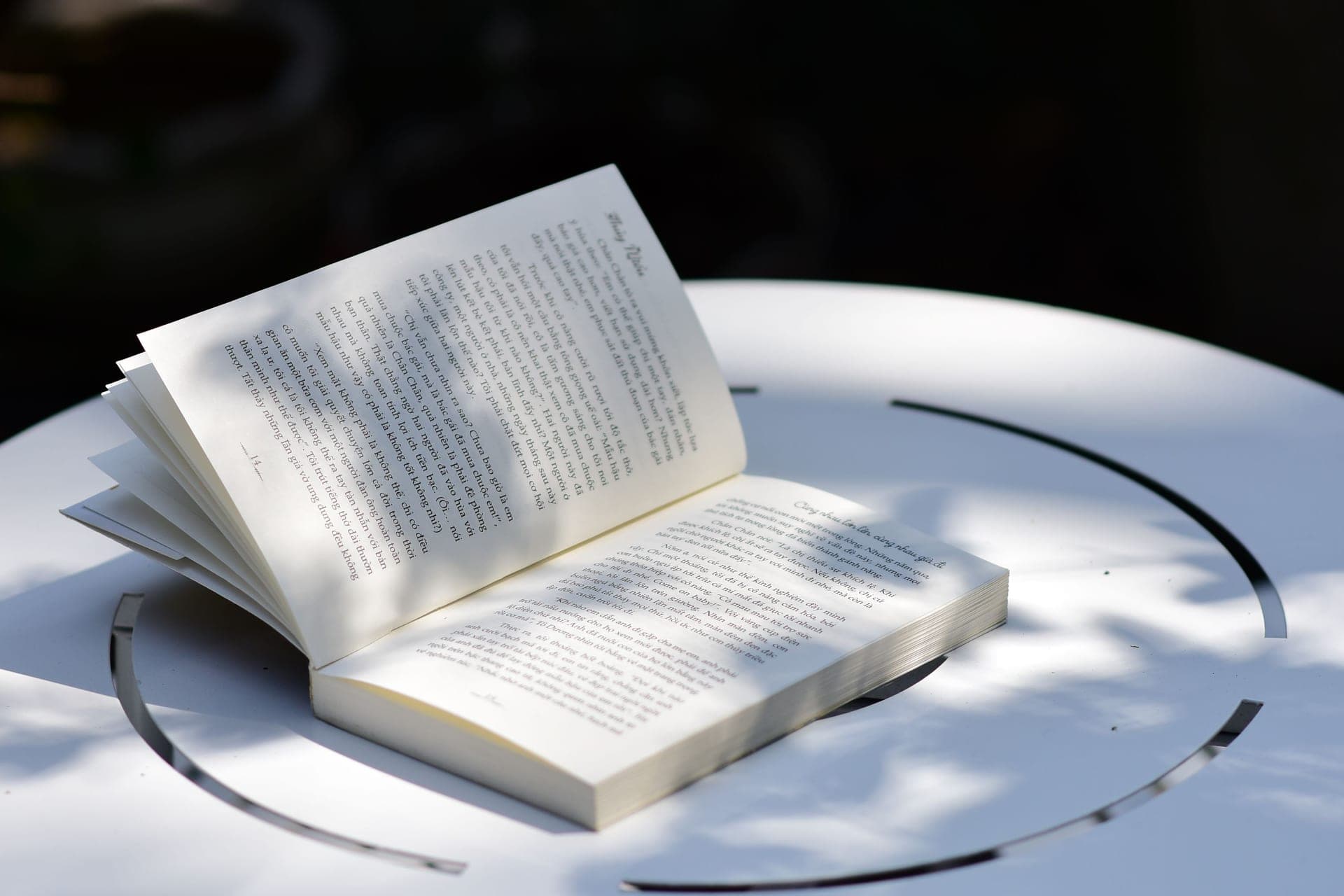 An open book resting flat on a table