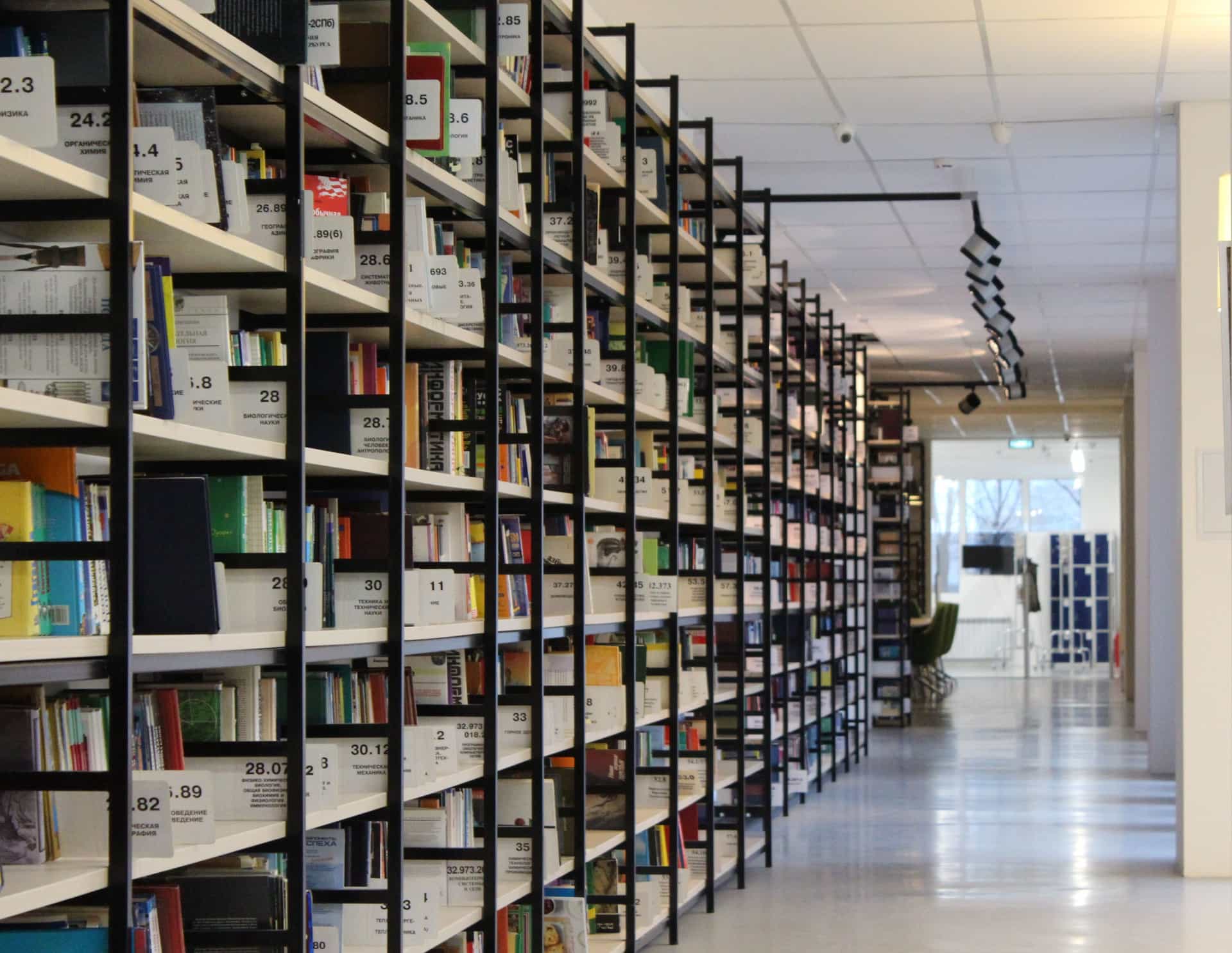 A full bookshelf reaching from floor to ceiling