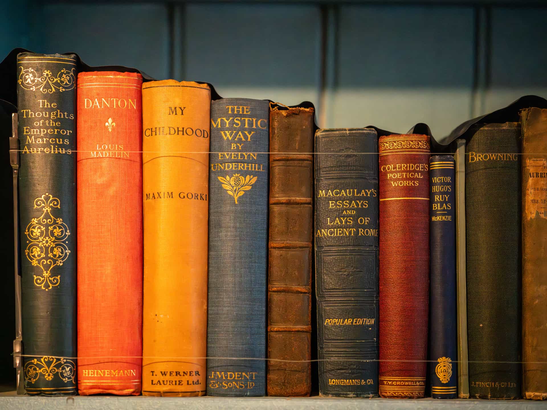 Rows of colorful book spines lined up on a shelf
