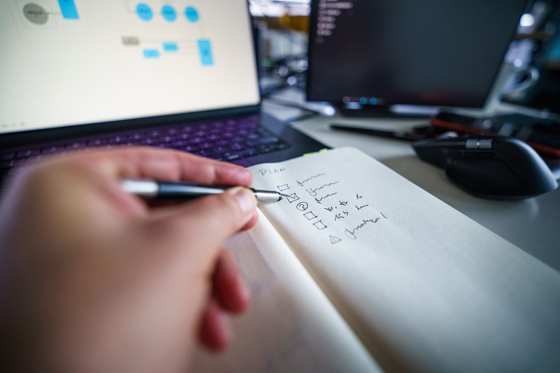 A notebook covered in handwritten lists on a desk