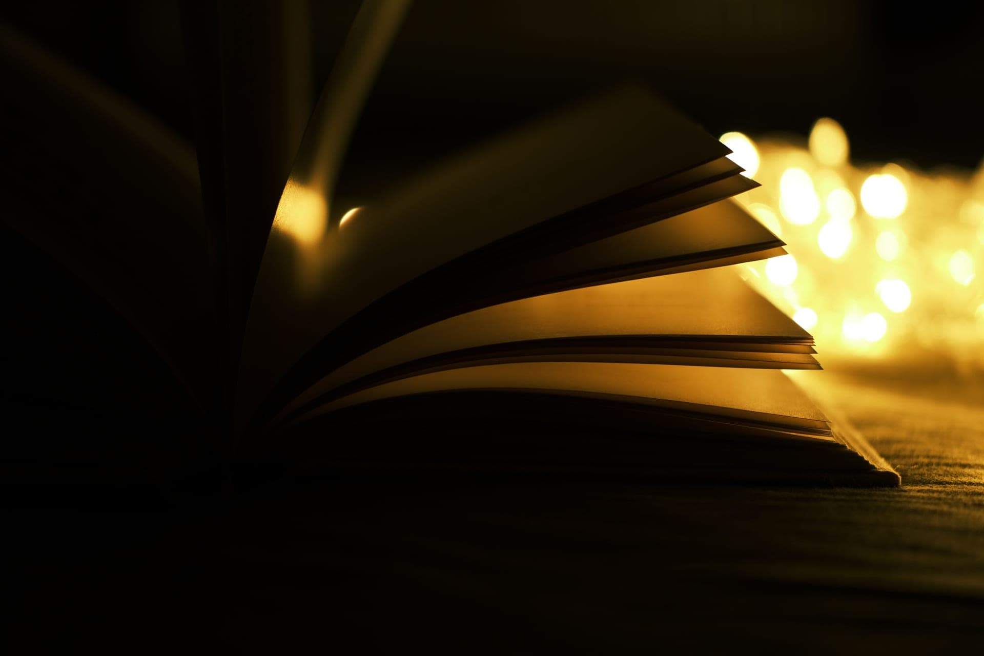 The warm glow of a small lamp falling across an open page