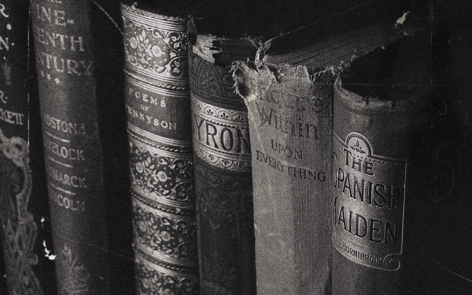 Close-up of worn spines on a row of old books