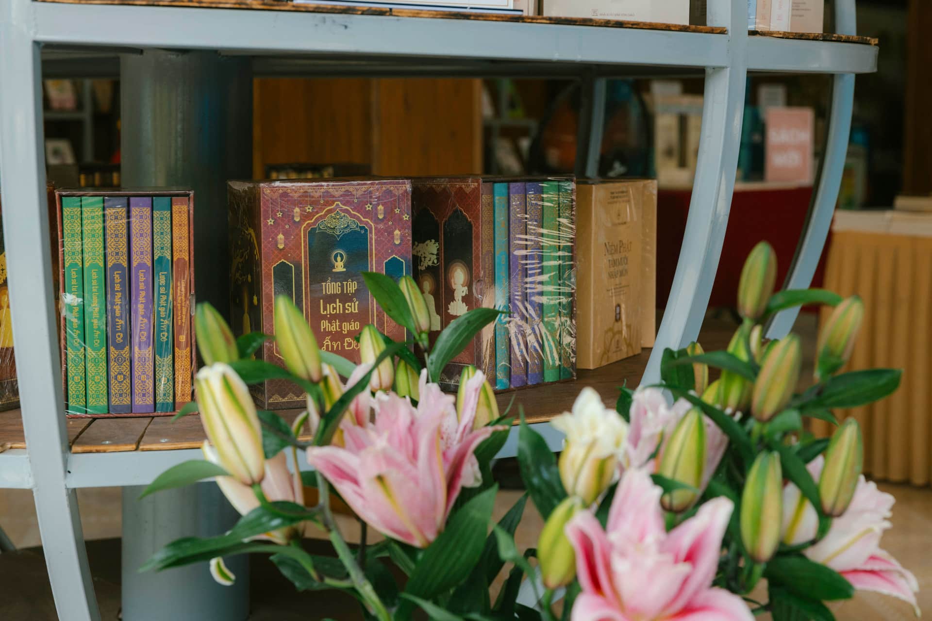 Books arranged on a shelf alongside plants and small objects